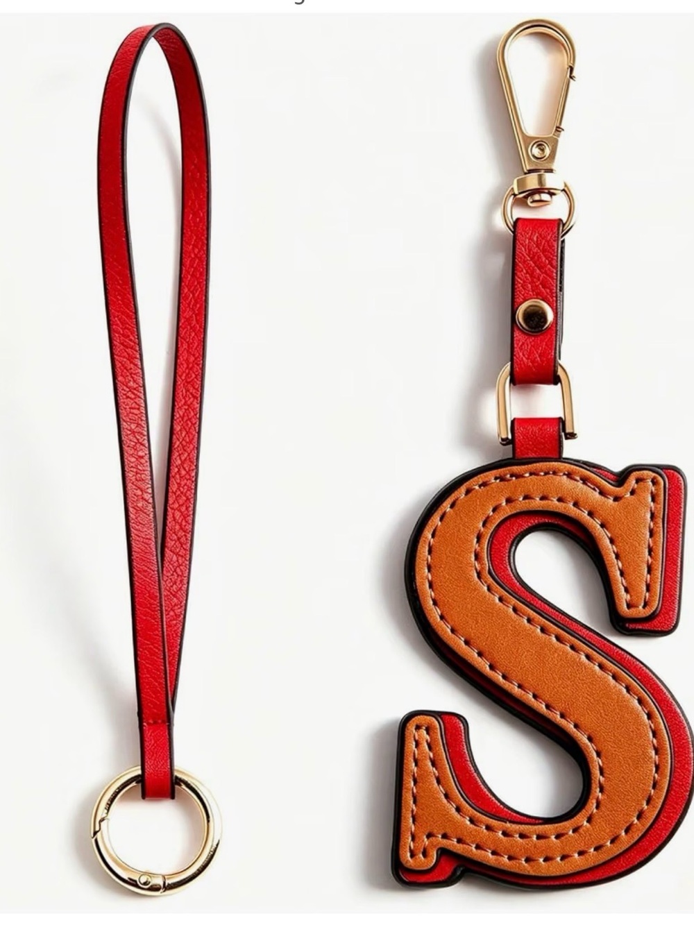Leather 'S' bag charm- Brown & Red - Picture 2 of 5